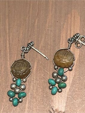 Sterling handmade Asian style bohemian earrings carved stone 925 silver vintage